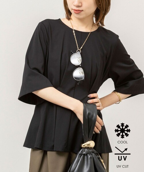 NOLLEY’S(ノーリーズ)の「《接触冷感/UVカット》ウォッシャブルハイスペックジャージペプラムプルオーバー(Tシャツ/カットソー・レディース・ブラック/オフホワイト/ベージュ・38)」の2枚目の写真