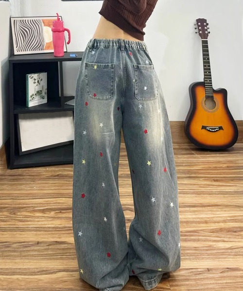 semuse(セミューズ)の「スター刺繍デニムワイドパンツ(デニムパンツ・レディース・ライトブルー・S/M/L)」の3枚目の写真