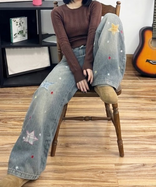 semuse(セミューズ)の「スター刺繍デニムワイドパンツ(デニムパンツ・レディース・ライトブルー・S/M/L)」の5枚目の写真