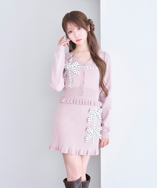 Rose Muse(ロゼミューズ)の「Dot ribbon knit 3P set(セットアップ・レディース・ネイビー/ピンク・FREE)」の1枚目の写真