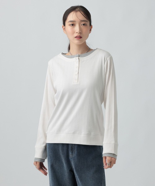 LEPSIM(レプシィム)の「ランダムテレコドッキングヘンリープルオーバー 1067563(Tシャツ/カットソー・レディース・ブラック/アイボリー/グレー・FREE)」の1枚目の写真