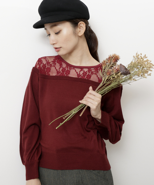 RAY CASSIN（レイカズン）の「レース切替カシミヤタッチニットプルオーバー（ニット/セーター・レディース・ブラック/オフホワイト/マスタード/ワイン・FREE）」の4枚目の写真