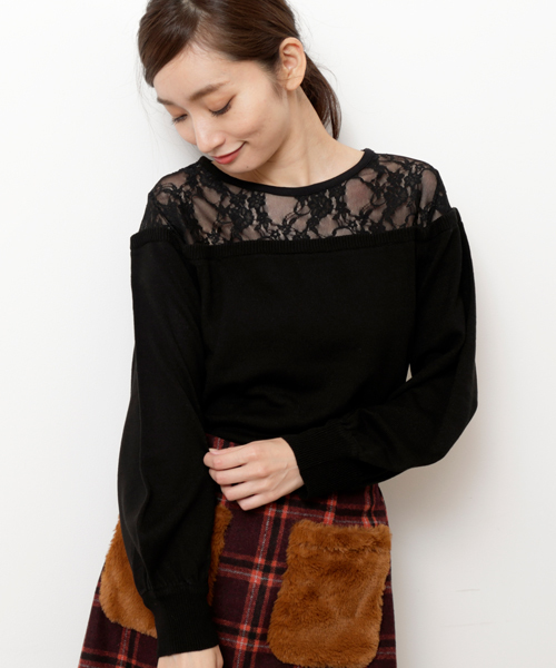 RAY CASSIN（レイカズン）の「レース切替カシミヤタッチニットプルオーバー（ニット/セーター・レディース・ブラック/オフホワイト/マスタード/ワイン・FREE）」の3枚目の写真