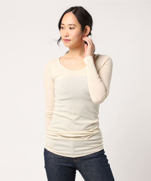 RNA-N（アールエヌエーエヌ）の「L6436 ８０／２リブロング丈ロンＴ（Tシャツ/カットソー・レディース・ネイビー/ベージュ/パープル/グリーン系その他/グリーン/ブルー/ダークネイビー/ライトパープル/スカイブルー/オレンジ/コーラル/杢グレー/ブラック/ライトブルー/ダークオリーブ/シャーベット/エンジ/オフホワイト/ベビーピンク/ライトイエロー・MEDIUM）」の4枚目の写真