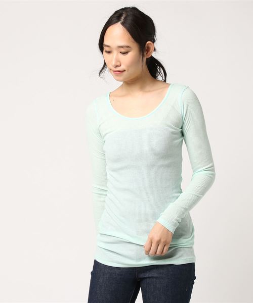 RNA-N（アールエヌエーエヌ）の「L6436 ８０／２リブロング丈ロンＴ（Tシャツ/カットソー・レディース・ネイビー/ベージュ/パープル/グリーン系その他/グリーン/ブルー/ダークネイビー/ライトパープル/スカイブルー/オレンジ/コーラル/杢グレー/ブラック/ライトブルー/ダークオリーブ/シャーベット/エンジ/オフホワイト/ベビーピンク/ライトイエロー・MEDIUM）」の6枚目の写真