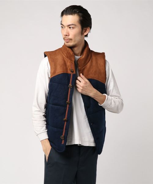 Denime レザー切り替えボアダウンベスト　ネイビー✖️ベージュ Denime（ドゥニーム）の「ニットソー切り替えベスト（ダウンベスト