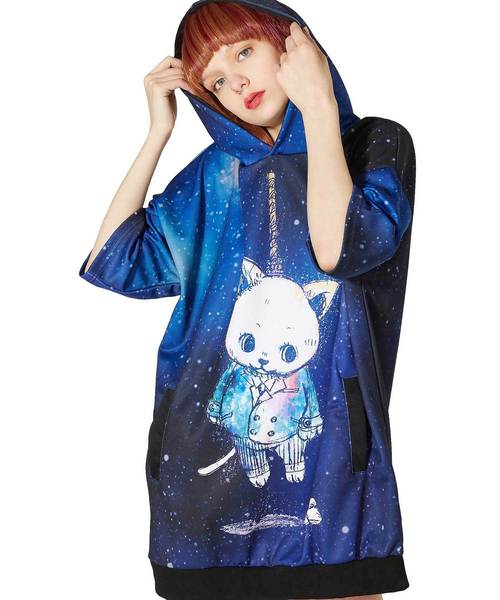 宇宙柄首〇りネコ半袖プルオーバーパーカー -スーパービッグ