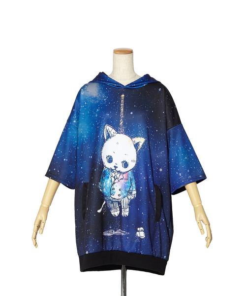 宇宙柄首〇りネコ半袖プルオーバーパーカー -スーパービッグ