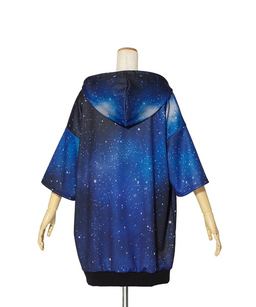 宇宙柄首〇りネコ半袖プルオーバーパーカー -スーパービッグ