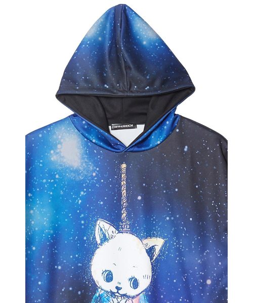 宇宙柄首〇りネコ半袖プルオーバーパーカー -スーパービッグ