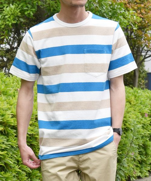 SHIPS(シップス)の「SC: MADE IN JAPAN ミニパイル/ボーダー ポケット Tシャツ(Tシャツ/カットソー・メンズ・ネイビー/グレー/レッド/ベージュ/ブルー・MEDIUM/X-LARGE/LARGE/SMALL)」の7枚目の写真