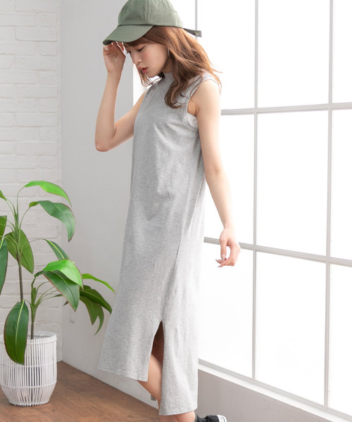 ワンピース ワンピース綿混ストレッチサイドスリットプチハイネックノースリーブワンピース ワンピース 夢展望 ユメテンボウ のファッション