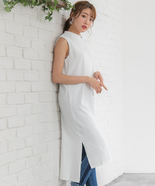 ワンピース ワンピース綿混ストレッチサイドスリットプチハイネックノースリーブワンピース ワンピース 夢展望 ユメテンボウ のファッション