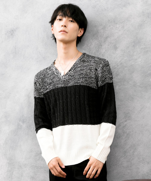 TopIsm(トップイズム)の「ケーブル編みVネックニットセーター(ニット/セーター・メンズ・ホワイト/ブラック/ネイビー/グレー・LL/M/L)」の3枚目の写真
