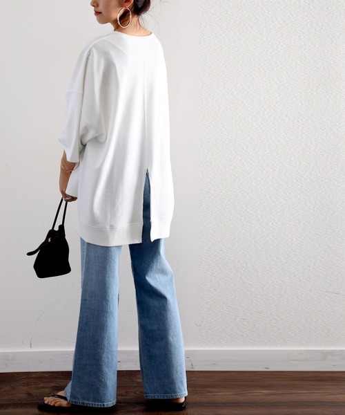 classicalelf（クラシカルエルフ）の「クルーネックバックスリットプルオーバー半端袖無地ミドル丈トレーナー（Tシャツ/カットソー・レディース・ベージュ/オフホワイト/ブラック・X-LARGE/MEDIUM/LARGE）」の13枚目の写真