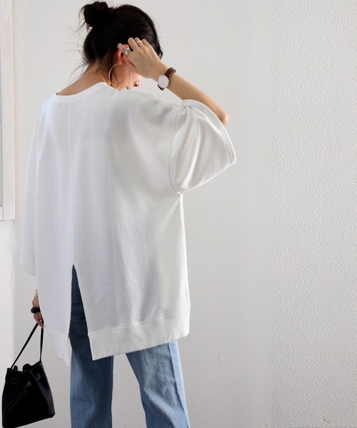 classicalelf（クラシカルエルフ）の「クルーネックバックスリットプルオーバー半端袖無地ミドル丈トレーナー（Tシャツ/カットソー・レディース・ベージュ/オフホワイト/ブラック・X-LARGE/MEDIUM/LARGE）」の14枚目の写真