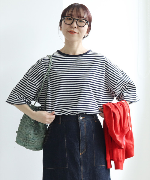 PAR ICI（パーリッシィ）の「ボーダー配色バインダー 5分袖BIG Tシャツ（Tシャツ/カットソー・レディース・ブルー/グレー/ネイビー/レッド/その他/パープル/グリーン・FREE）」の4枚目の写真