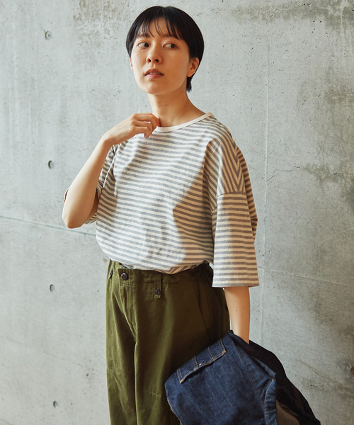 PAR ICI（パーリッシィ）の「ボーダー配色バインダー 5分袖BIG Tシャツ（Tシャツ/カットソー・レディース・ブルー/グレー/ネイビー/レッド/その他/パープル/グリーン・FREE）」の2枚目の写真