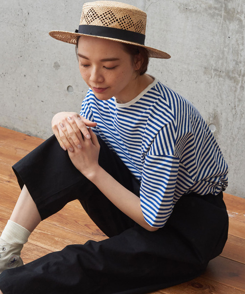 PAR ICI（パーリッシィ）の「ボーダー配色バインダー 5分袖BIG Tシャツ（Tシャツ/カットソー・レディース・ブルー/グレー/ネイビー/レッド/その他/パープル/グリーン・FREE）」の5枚目の写真