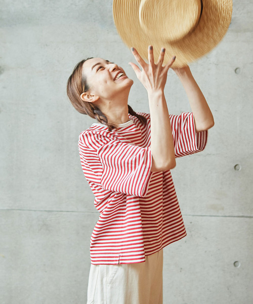 PAR ICI（パーリッシィ）の「ボーダー配色バインダー 5分袖BIG Tシャツ（Tシャツ/カットソー・レディース・ブルー/グレー/ネイビー/レッド/その他/パープル/グリーン・FREE）」の7枚目の写真