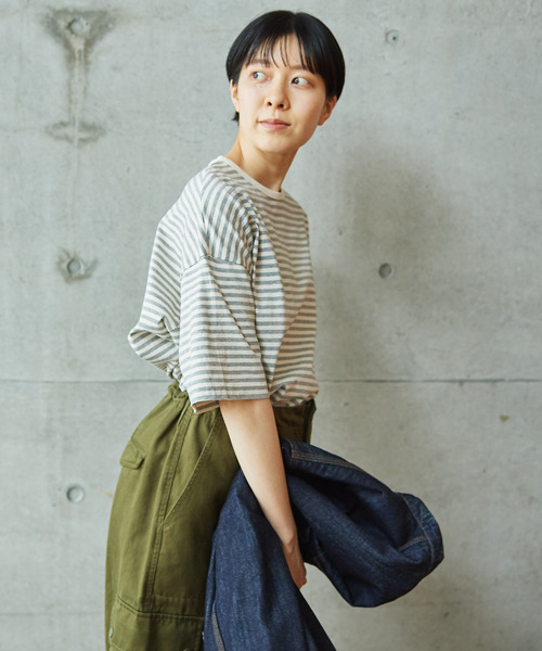 PAR ICI（パーリッシィ）の「ボーダー配色バインダー 5分袖BIG Tシャツ（Tシャツ/カットソー・レディース・ブルー/グレー/ネイビー/レッド/その他/パープル/グリーン・FREE）」の21枚目の写真