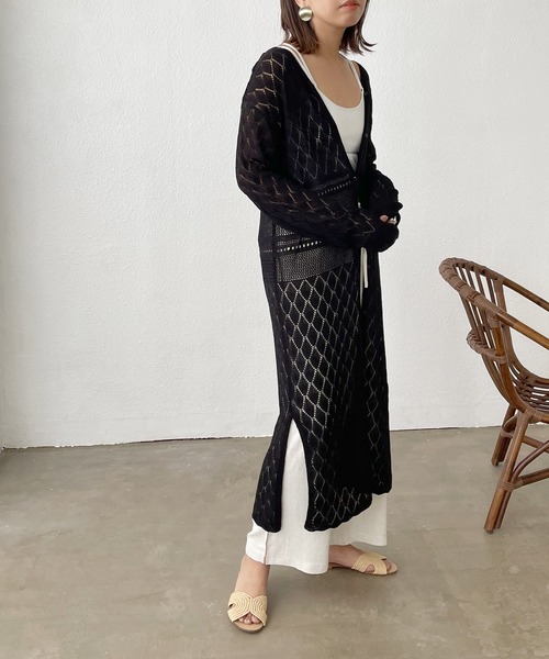 Shelly island（シェリーアイランド）の「カギアミロングカーディガン（カーディガン/ボレロ・レディース・ホワイト/ブラック/グリーン・FREE）」の18枚目の写真