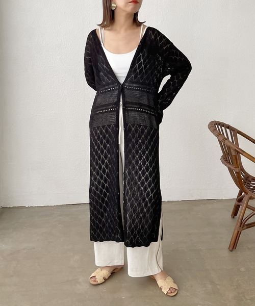 Shelly island（シェリーアイランド）の「カギアミロングカーディガン（カーディガン/ボレロ・レディース・ホワイト/ブラック/グリーン・FREE）」の13枚目の写真