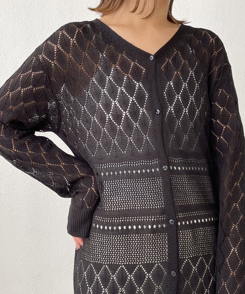 Shelly island（シェリーアイランド）の「カギアミロングカーディガン（カーディガン/ボレロ・レディース・ホワイト/ブラック/グリーン・FREE）」の5枚目の写真