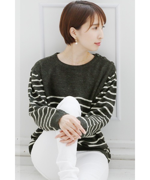 ElegChic(エレグシック)の「クラシックボーダーニット(ニット/セーター・レディース・ホワイト/グレー・XL/4L/M)」の13枚目の写真
