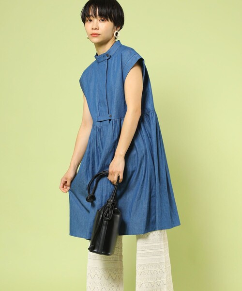 FREAK'S STORE(フリークスストア)の「フレンチスリーブフレアミニワンピース(スタンドカラーシャツチュニック)(シャツワンピース・レディース・ブルー/ブラック/ホワイト/ブルーグリーン・フリ-)」の3枚目の写真