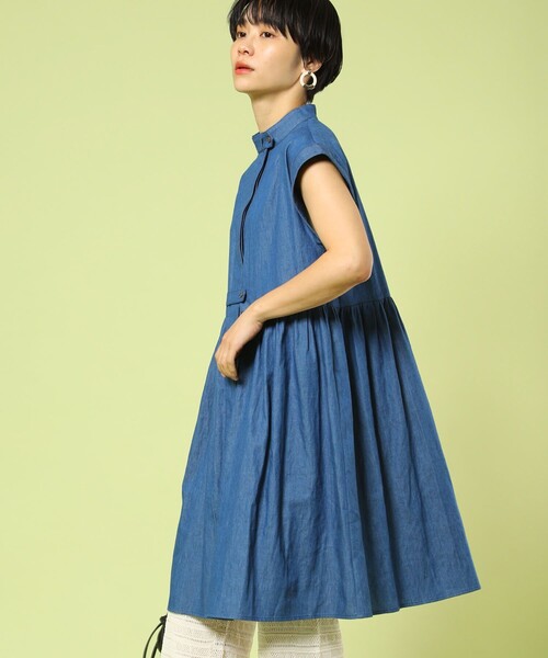 FREAK'S STORE(フリークスストア)の「フレンチスリーブフレアミニワンピース(スタンドカラーシャツチュニック)(シャツワンピース・レディース・ブルー/ブラック/ホワイト/ブルーグリーン・フリ-)」の16枚目の写真