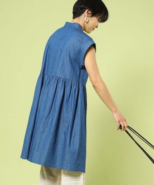 FREAK'S STORE(フリークスストア)の「フレンチスリーブフレアミニワンピース(スタンドカラーシャツチュニック)(シャツワンピース・レディース・ブルー/ブラック/ホワイト/ブルーグリーン・フリ-)」の14枚目の写真