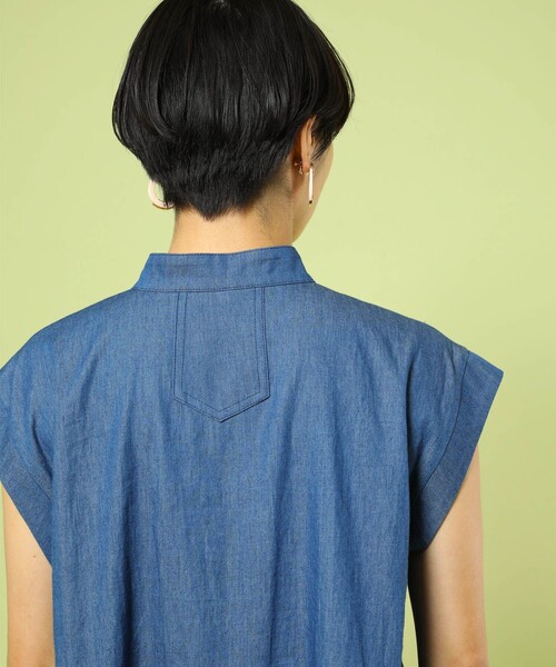 FREAK'S STORE(フリークスストア)の「フレンチスリーブフレアミニワンピース(スタンドカラーシャツチュニック)(シャツワンピース・レディース・ブルー/ブラック/ホワイト/ブルーグリーン・フリ-)」の8枚目の写真