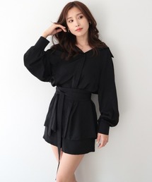 スプリングシャツワンピース×ショートパンツセット
