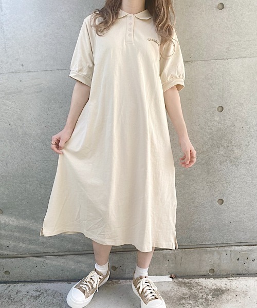 nemne store(ネンネストア)の「ひまわり畑と刺繍ポロワンピース(ワンピース・レディース・ダークブルー/カーキ/アイボリー・フリー)」の2枚目の写真