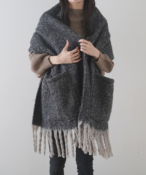 ポケット付きツイード風フェイクウールマフラー（マフラー）｜Futier
