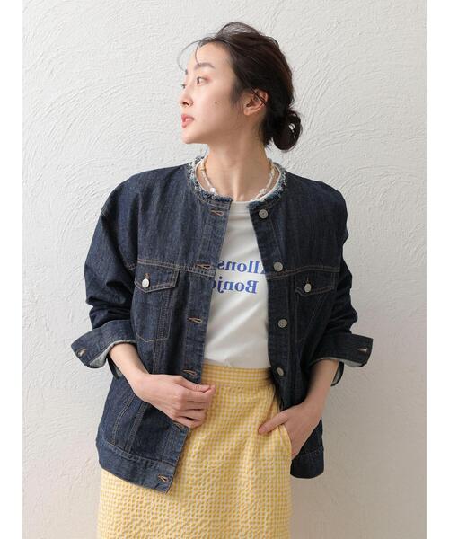 Green Parks(グリーンパークス)の「ノーカラーデニムジャケット*(ブルゾン・レディース・ホワイト系その他2/インディゴブルー/ワンウォッシュ・FREE)」の6枚目の写真