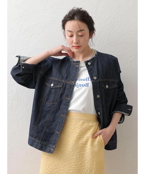 Green Parks(グリーンパークス)の「ノーカラーデニムジャケット*(ブルゾン・レディース・ホワイト系その他2/インディゴブルー/ワンウォッシュ・FREE)」の7枚目の写真