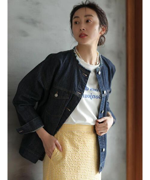 Green Parks(グリーンパークス)の「ノーカラーデニムジャケット*(ブルゾン・レディース・ホワイト系その他2/インディゴブルー/ワンウォッシュ・FREE)」の8枚目の写真