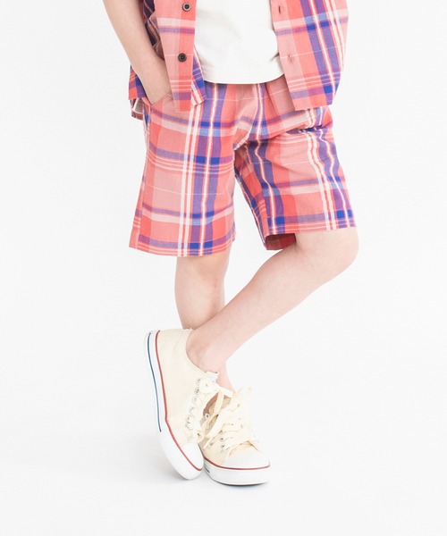 BRANSHES(ブランシェス)の「【ペア】爽やか素材チェックハーフパンツ(その他パンツ・キッズ・レッド/アイボリー・110/100/120/130/90/150/140)」の1枚目の写真