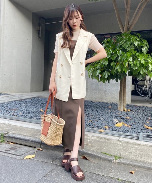 one after another NICE CLAUP（ワンアフターアナザーナイスクラップ）の「Sサイズあり　スリットキャミワンピース（ワンピース・レディース・コーラル/チェック/ブラウン/ブラック/アイボリー・SMALL/MEDIUM）」の22枚目の写真