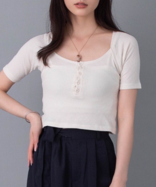 solleim(ソルレム)の「フロントボタンレイヤードリブTシャツ(Tシャツ/カットソー・レディース・オフホワイト/カーキ・M)」の2枚目の写真