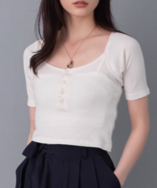 solleim(ソルレム)の「フロントボタンレイヤードリブTシャツ(Tシャツ/カットソー・レディース・オフホワイト/カーキ・M)」の4枚目の写真