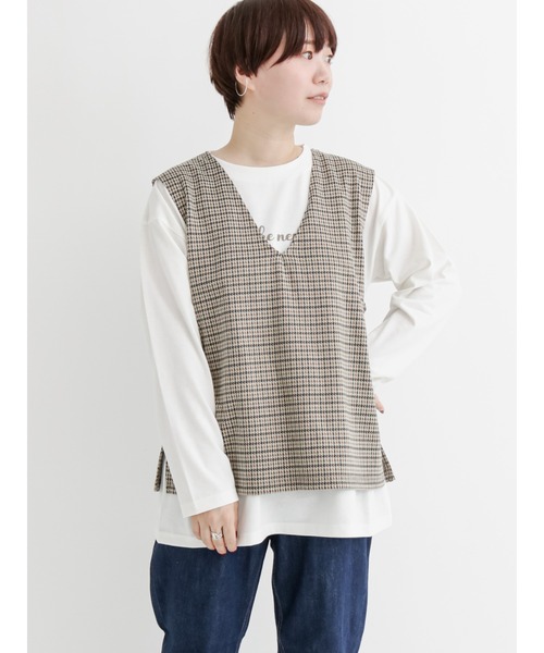 Lugnoncure（ルノンキュール）の「カットジャカードVネックベスト（ニット/セーター・レディース・ベージュ/ブラック/ブラウン・ﾌﾘ-）」の3枚目の写真