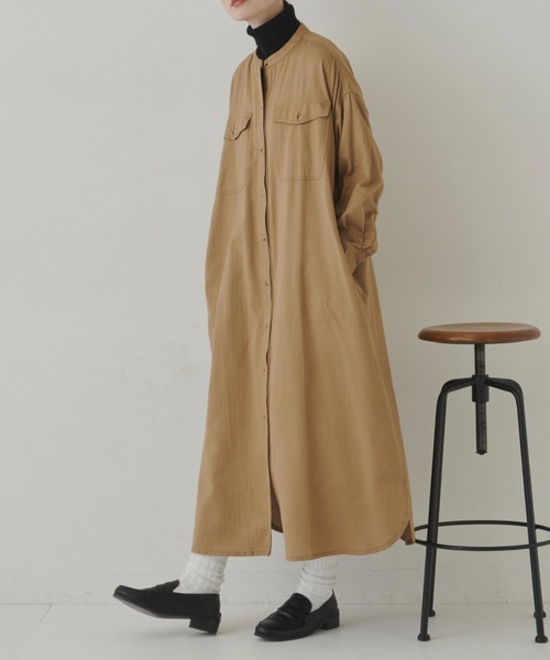 Libra Cue（リブラ キュー）の「ヘリンボーンツイルロングシャツワンピース（シャツワンピース・レディース・チャコールグレー/ブラック/カーキ/ベージュ/キャメル・FREE）」の5枚目の写真