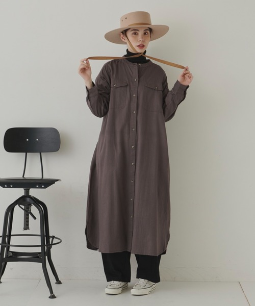 Libra Cue（リブラ キュー）の「ヘリンボーンツイルロングシャツワンピース（シャツワンピース・レディース・チャコールグレー/ブラック/カーキ/ベージュ/キャメル・FREE）」の3枚目の写真