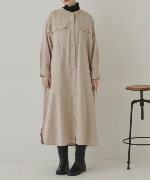 Libra Cue（リブラ キュー）の「ヘリンボーンツイルロングシャツワンピース（シャツワンピース・レディース・チャコールグレー/ブラック/カーキ/ベージュ/キャメル・FREE）」の11枚目の写真