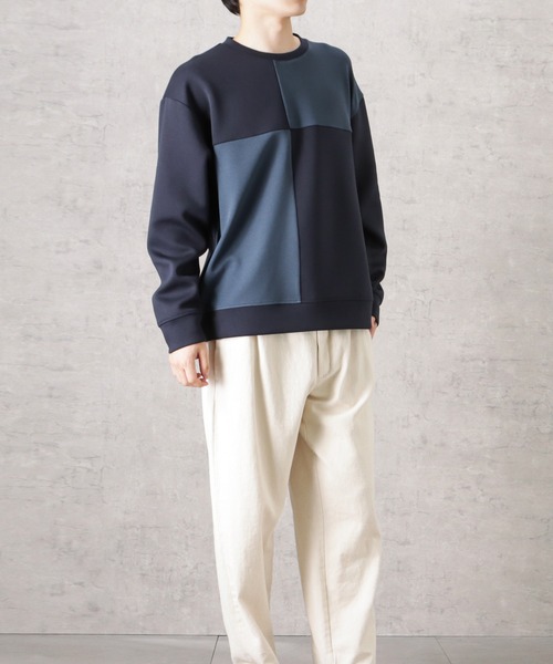 URBAN COLLECTION(アーバンコレクション)の「ポンチ素材 異素材ブロッキングトレーナー(スウェット・メンズ・ネイビー/ライトグレー/グレイッシュベージュ・M/L/XL)」の18枚目の写真