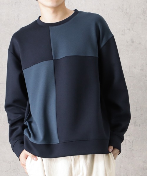 URBAN COLLECTION(アーバンコレクション)の「ポンチ素材 異素材ブロッキングトレーナー(スウェット・メンズ・ネイビー/ライトグレー/グレイッシュベージュ・M/L/XL)」の8枚目の写真