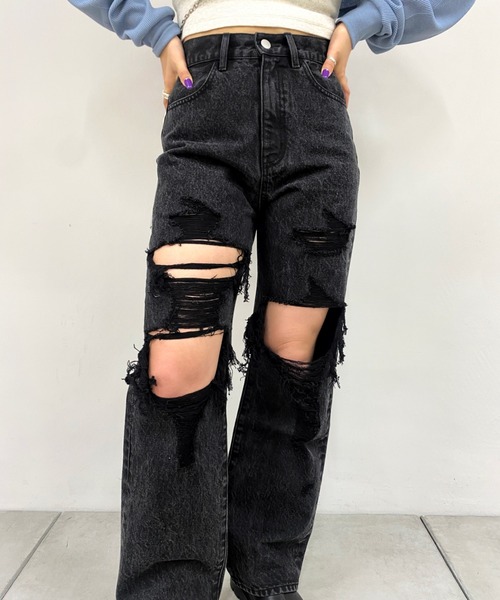 WHO'S WHO gallery（フーズフーギャラリー）の「クラッシュデザインデニム（デニムパンツ・レディース・サックスブルー/ブラック・FREE）」の7枚目の写真